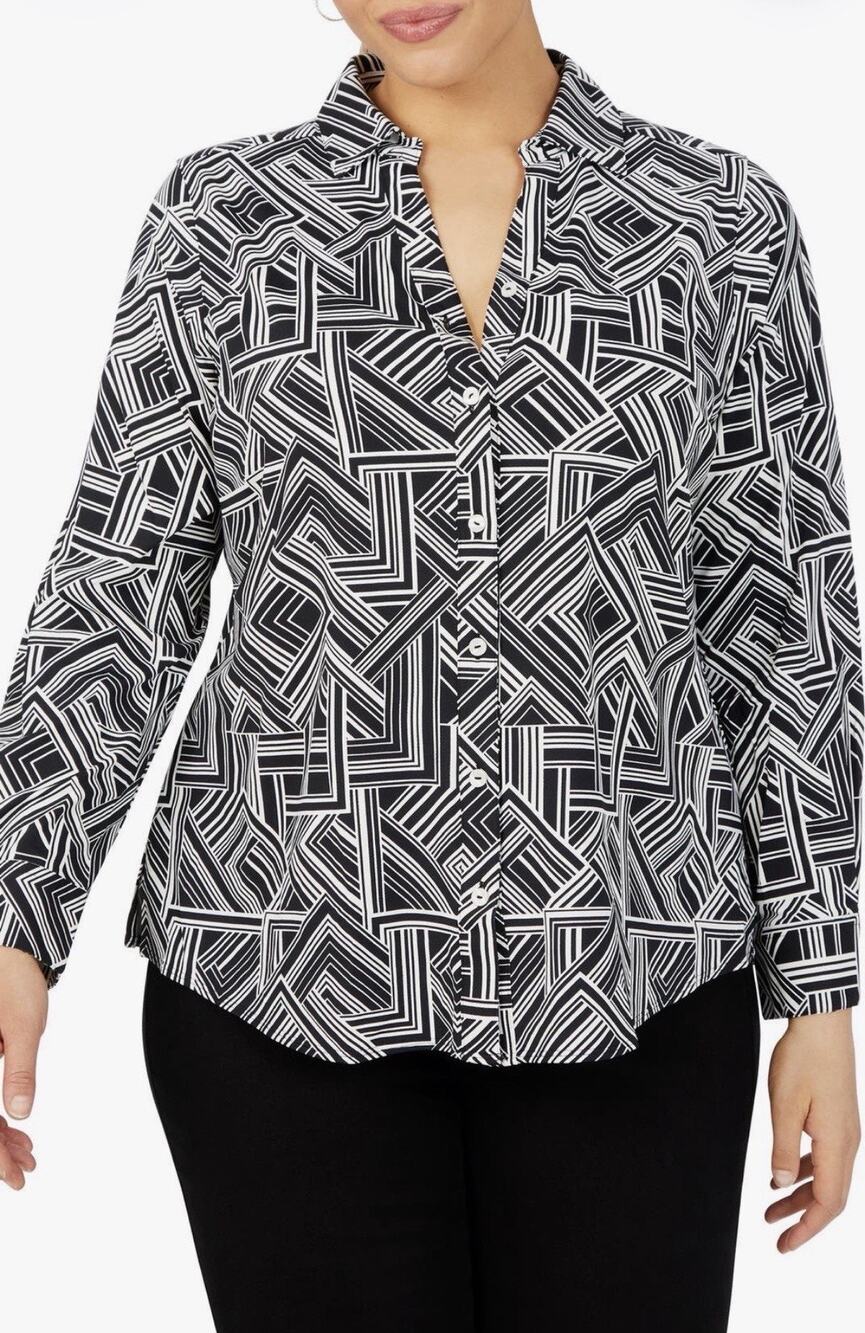 Foxcroft NYC Easy Care Mary Geometric Jersey Button Front Top Size XL Black